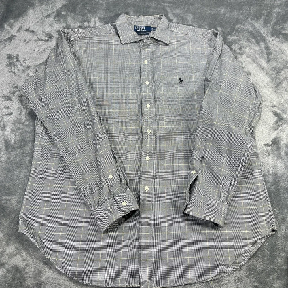 Polo Ralph Lauren Shirt Mens XL Gray Plaid Houndstooth‎ Long Sleeve Button Up